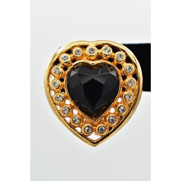 Vintage Crystal Heart Clip On Earrings Black Chunky Gold Heavy NOS 1980s A22 - Picture 6 of 16
